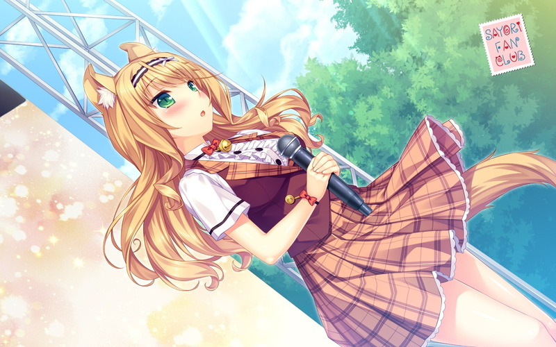 headband, com, nekopara, blonde, sayori, ears, sky, konachan, catgirl, tail, 1080P, green, microphone, (sayori), 245658, animal, bow, eyes, maple, long