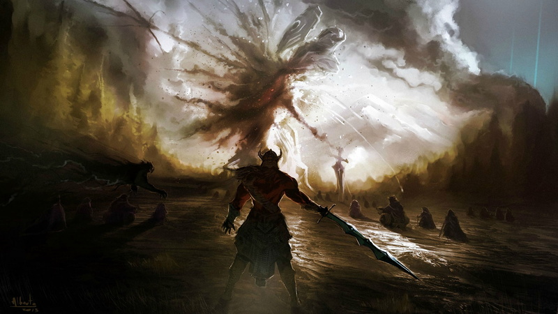 lifestyles, 2K, adult, people, watermarked, unrecognizable person, reflection, silhouette, wet, sword, sky, battle, Fantasy Battle, digital composite