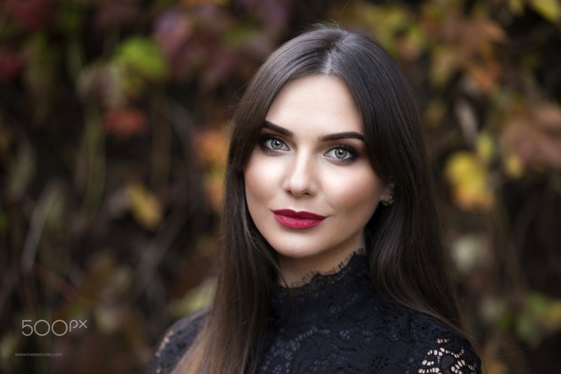 red lipstick, women, depth of field, model, 500px, smiling, green eyes, watermarked, portrait, straight hair, 1080P, brunette, black dress, long hair