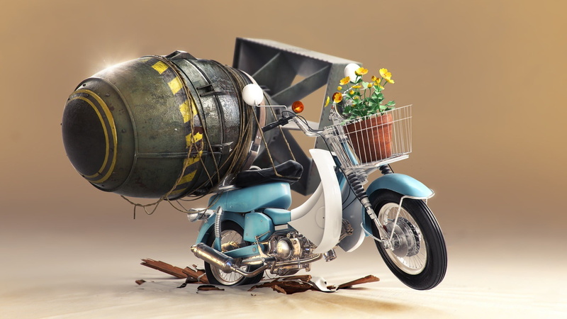creativity, close-up, still life, flowers, heavy, baskets, wheel, single object, retro styled, side view, transportation, blue, land vehicle, honda, container