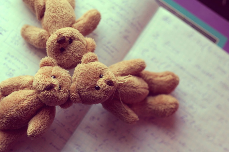 artwork, craft, day, animal representation, selective focus, close-up, table, teddy bears, representation, pink, brown, softness, high angle view, no people
