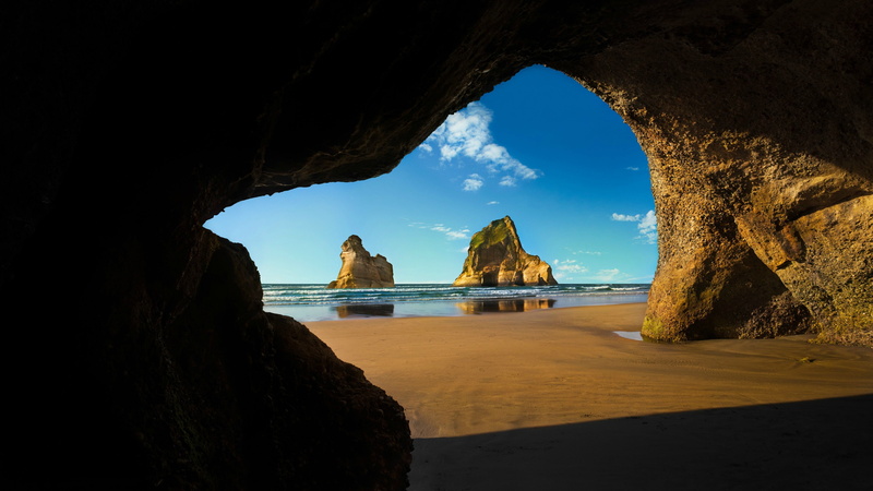 waves, sand, clouds, horizon, 4K, landscape, beach, cave, nature, rock, sea, shadow, sunlight