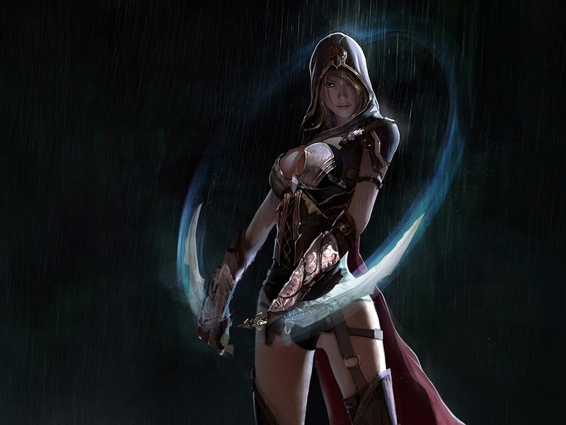 beauty, night, beautiful woman, bladed, weapon, adult, hair, hairstyle, black background, clothing, fantasy, indoors, beautiful people, young adult, females