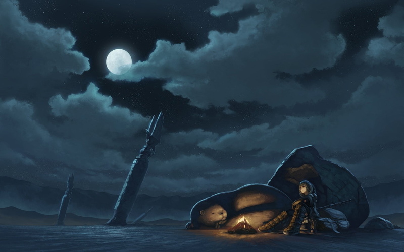 night, water, cloud - sky, men, 720P, outdoors, sky, anime, real people, nature, scenics - nature, sea, moonlight, anime girls, Moon, beauty in nature