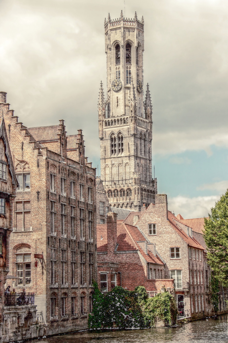 city, culture, historically, cloud - sky, old buildings, canal, gothic style, trees, idyllic, pink, day, nature, brugge, belfry, water, sky, religion, river