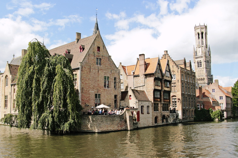 beside, unesco world heritage, tourism, romance, old buildings, day, bridge, brugge, beautiful, religion, stone bridge, waterfront, construction art, built structure