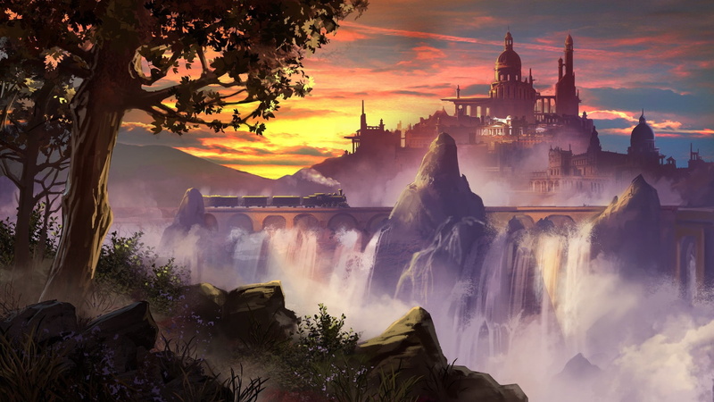 waterfall, sunlight, fantasy city, trees, train, artwork, steam locomotive, 1080P, fantasy art