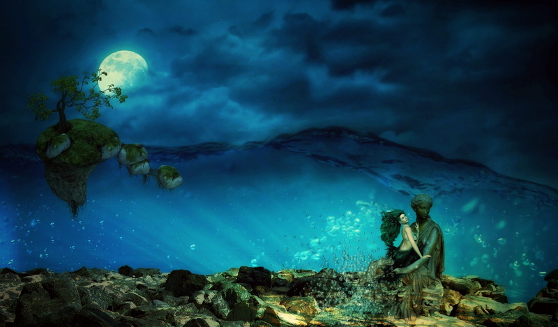 darkness, undersea, sky, lichtspiel, sit, 2K, clouds, dark, blue, pose, spooky, dramatic sky, atmospheric, outdoors, statue, mystical, fairy tales, mystery