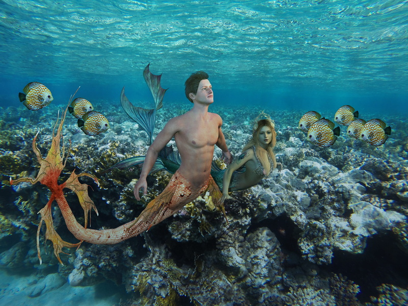 say, swimming, sea, undersea, leisure activity, sea life, 4K, mermaid, waters, green-blue, group of animals, underwater, fantasy, fairy tales, men, coral
