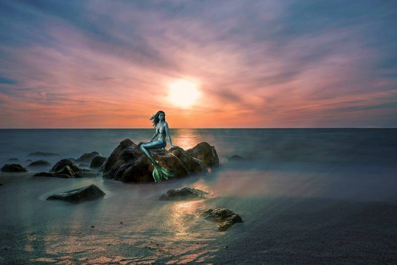 solid, wave, lichtspiel, Mermaid, cloud - sky, composing, outdoors, dusk, stones, 2K, beauty in nature, horizon Over Water, woman, atmosphere, water women