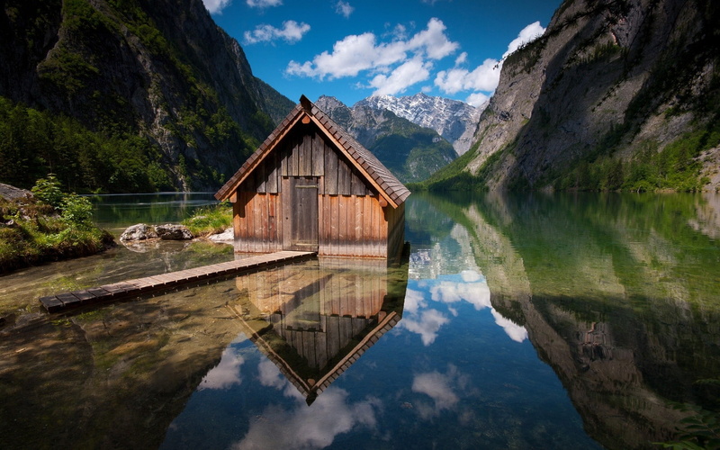cabin, obersee lake, landscape, nature, 1080P, lake