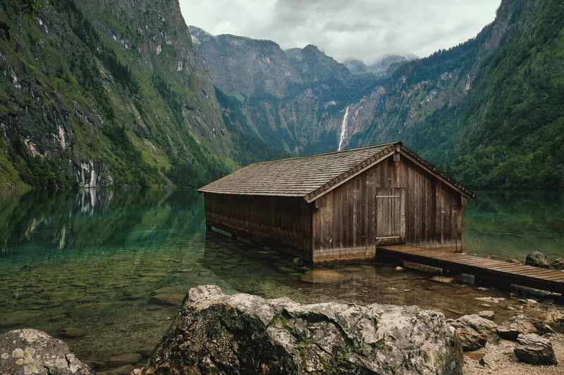 built structure, outdoors, building exterior, Germany, wooden, no people, water, stones, rock, mountains, lake, non-urban scene, rock - object, beauty in nature