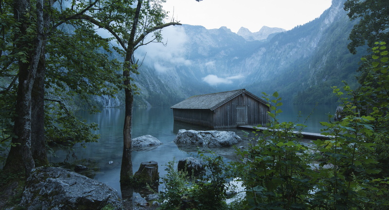 clouds, mountains, Germany, Berchtesgaden, nature, lake, the barn, fog, Alps, stones, Obersee, 2K, landscape, Bayern