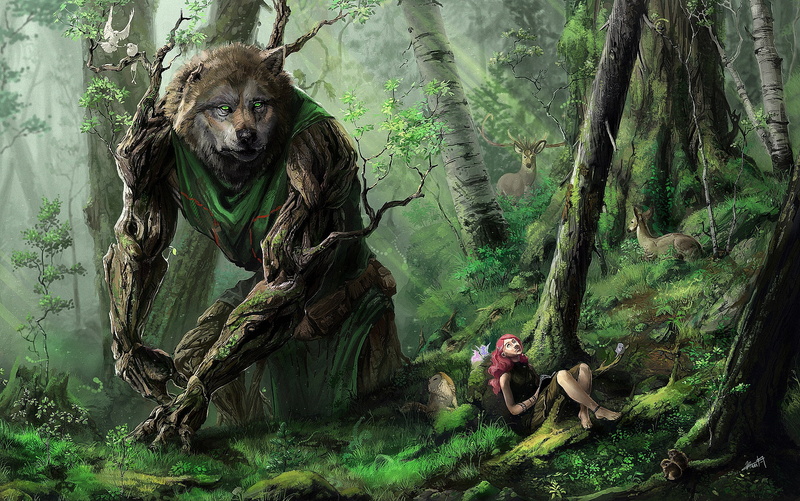 fantasy art, women, Gunnerkrigg Court, Tom Siddell, wolf, 1080P, Fable, forest, nature, deer, digital art