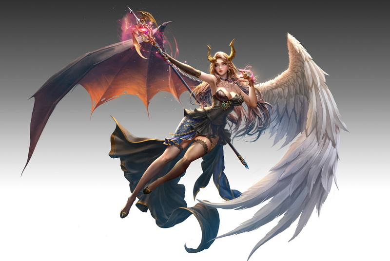 spell, wings, contrast, feathers, thigh-highs, drawing, cleavage, 1080P, staff, demon, angel, Jungmin Jin, dress, simple background, women, League of Angels