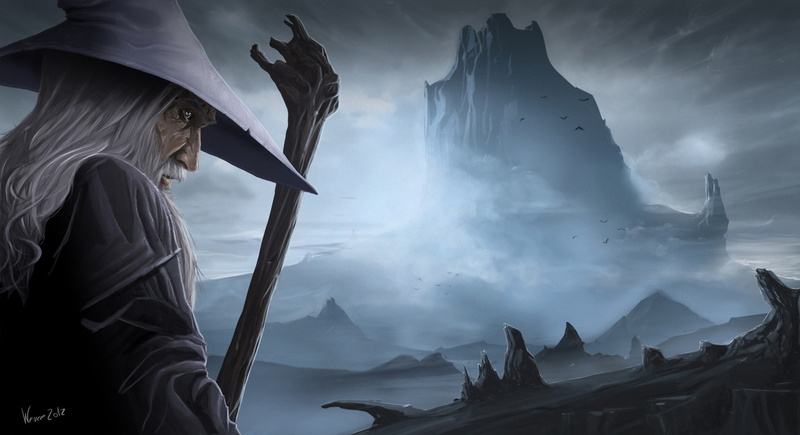 illustration, Erebor, Gandalf, 1080P, staff, hat, lonely mountain, wizard, the sorcerer, mountain, art, holding, The Hobbit: The Desolation Of Smaug, the