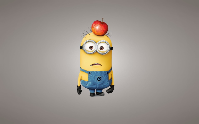 face, food and drink, toy, alien, studio shot, Despicable Me 2, yellow, Minion, characters, indoors, cartoon, anthropomorphic, symbol, copy space, apple - fruit