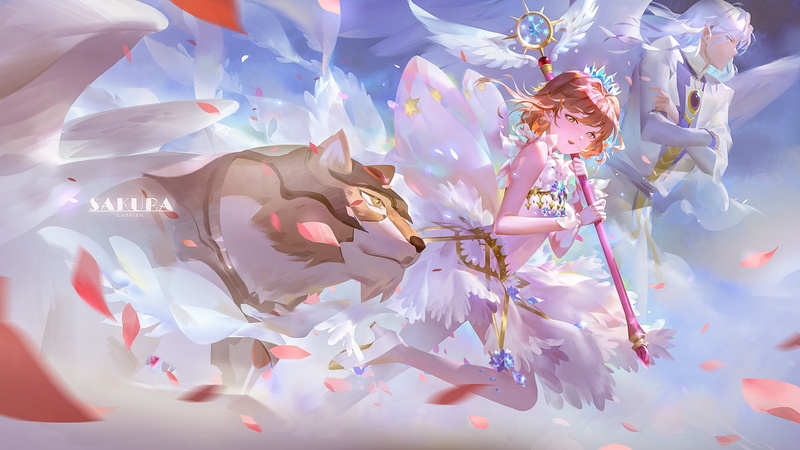 creature, Kinomoto Sakura, anime girls, wings, Card Captor Sakura, anime, Kerberos (Cardcaptor Sakura), 2K, Yukito Tsukishiro / Yue, fantasy weapon