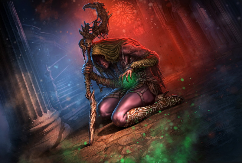 digital art, skull, kneeling, fantasy art, fantasy girl, artwork, 1080P, witch, staff, magic