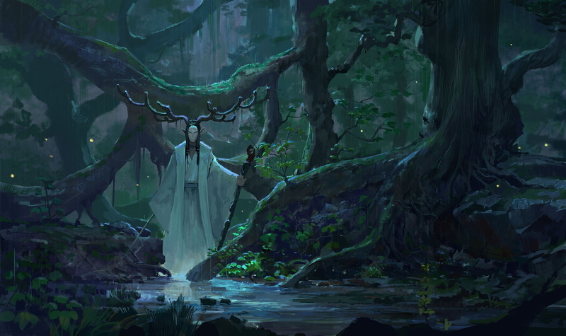 sword, digital art, artwork, sorcerer, stream, fantasy art, magician, weapon, horns, mask, plants, Druid, rod, forest, rain, trees, fantasy, 1080P