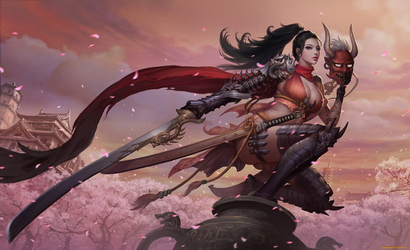 sword, 1080P, fantasy girl, fantasy art, mask