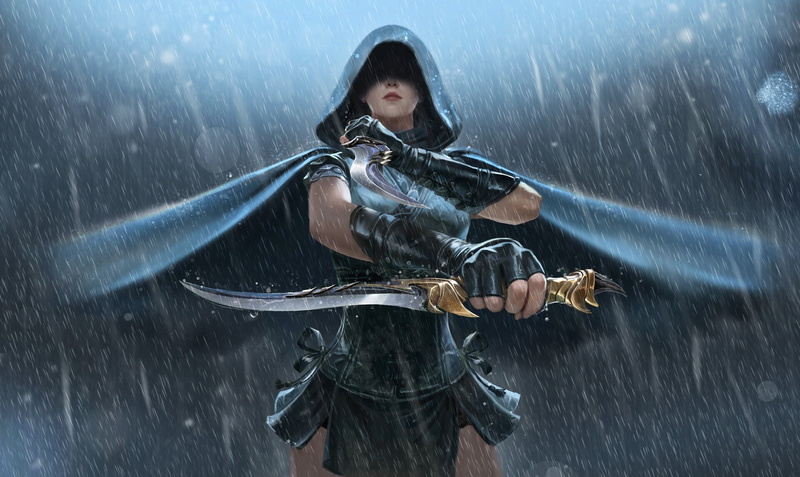 artwork, 1080P, rain, weapon, assassins, fantasy girl, fantasy art