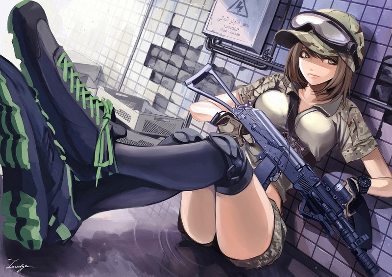 short hair, gun, weapon, anime girls, hat, uniform, anime, 480P