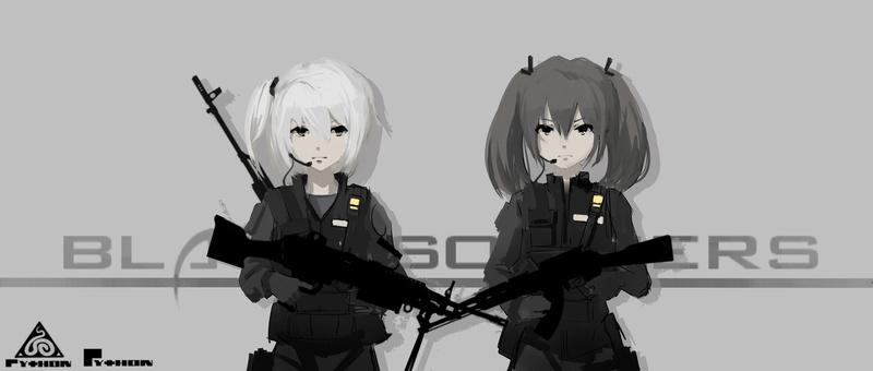 white background, anime, communication, portrait, studio shot, indoors, Black Soldier, front view, uniform, digital composite, gun, female likeness, grey hair