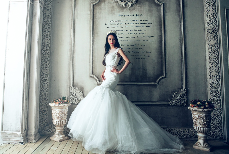 flower arrangement, celebration, beautiful woman, fashion, beside, wife, veil, newlywed, painted, adult, wearing, evening gown, gray, wall, event, bridal