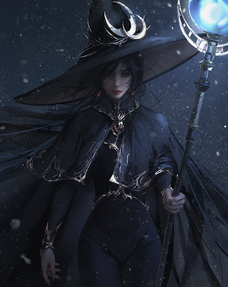 fan art, artwork, red eyes, illustration, hat, 5K, staff, fantasy girl, drawing, women, Nixeu, digital art, black clothing, fantasy art, snow