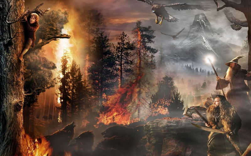 Thorin, tree, crowd, The Hobbit, smoke - physical structure, outdoors, plant, real people, sky, adult, trees, forest, Gandalf, nature, Bilbo, motion, An Unexpected Journey