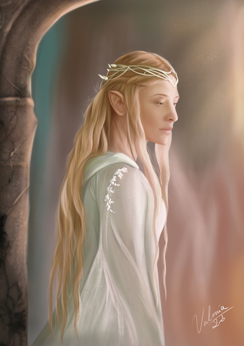 Margaux Valonia, Galadriel, white clothing, long hair, The Lord of the Rings, blond hair, blonde, fan art, elf ears, digital art, ArtStation, portrait display