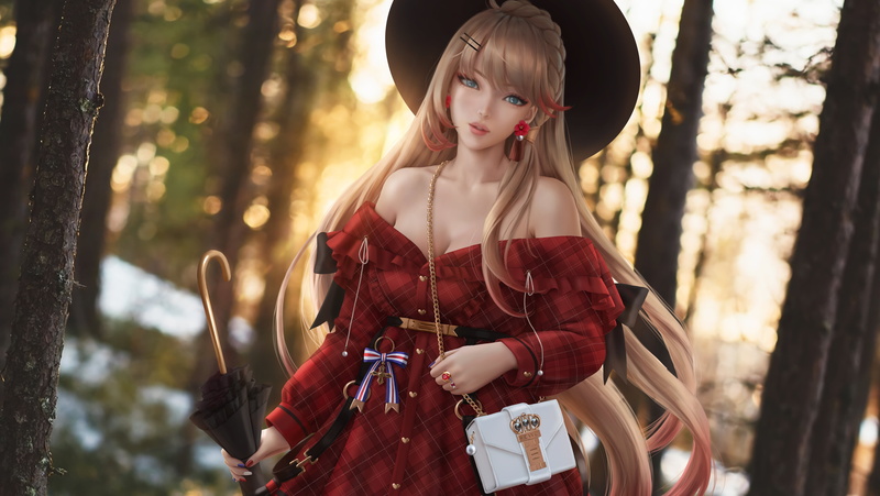 cleavage, fan art, Wickellia, casual, digital art, hair pins, drawing, bare shoulders, anime, women with hats, video games, looking at viewer, bangs, braided hair