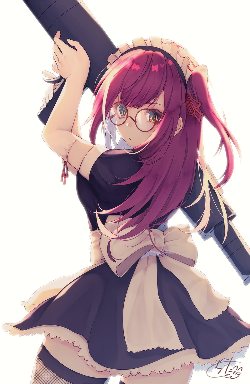 bazookas, artwork, 2D, white background, purple hair, chita (ketchup), Pixiv, vertical, weapon, drawing, long hair, illustration, fishnet stockings, 1080P