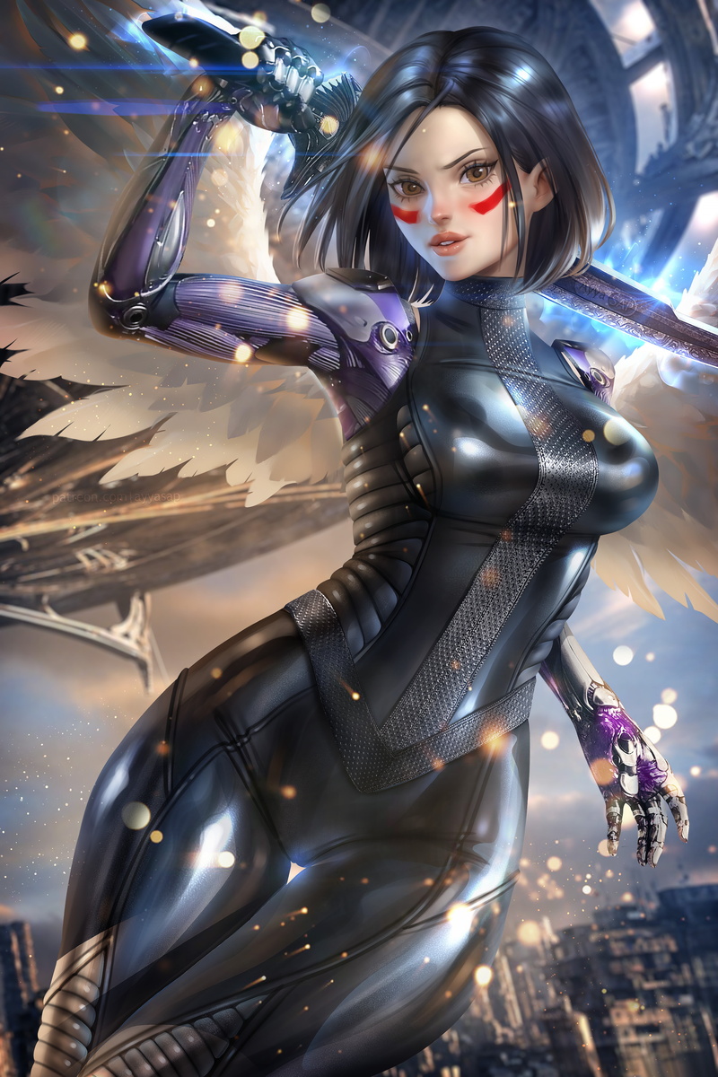 Alita: Battle Angel, Alita, vertical, artwork, AyyaSAP, looking at viewer, black hair, drawing, 5K, women, Ayya Saparniyazova, fan art, illustration, portrait