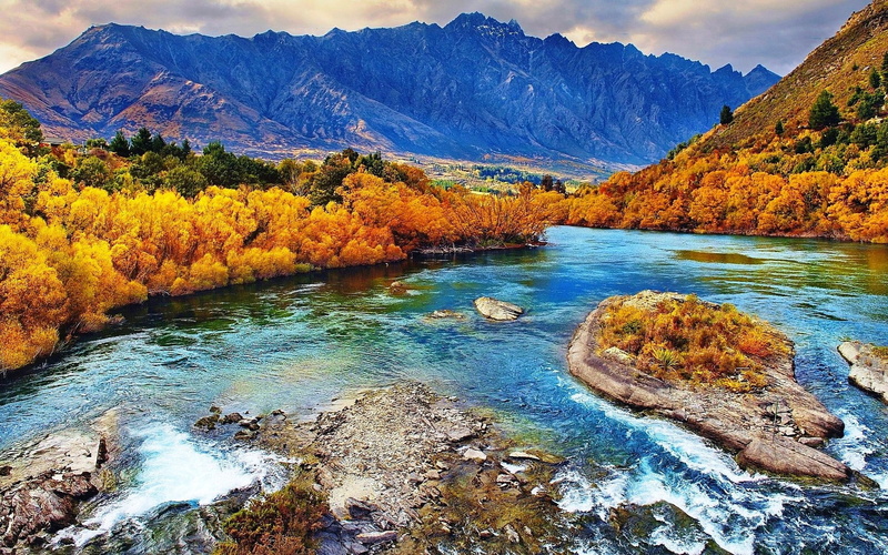 1080P, tree, outdoors, landscape, water, mountain, rock, non-urban scene, idyllic, autumn, mountains, solid, tranquil scene, change, scenics - nature
