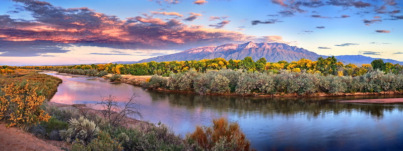 shrubs, sunset, forest, fall, river, landscape, New Mexico, 1080P, mountains, nature, clouds, trees