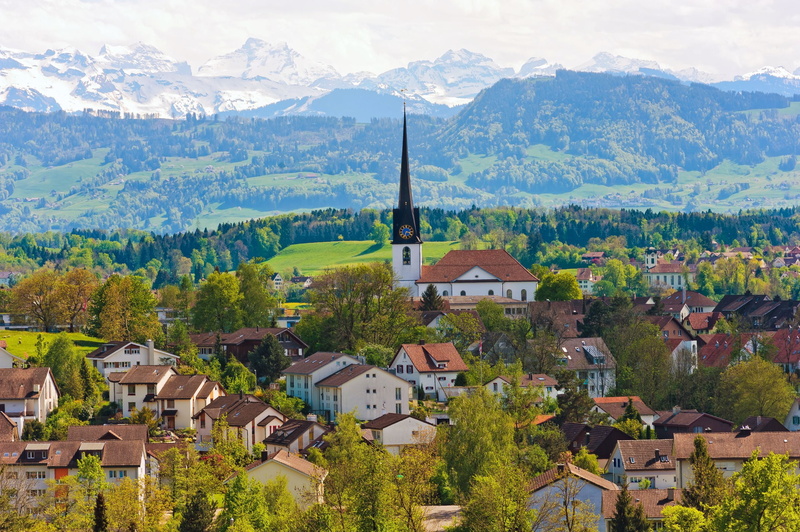 history, blue, trees, house, building Exterior, sky, town, building, high angle view, day, white, bavaria, townscape, mountain, home, lot, cityscape, hill