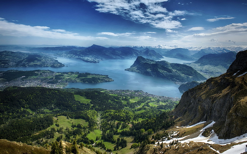 scenery, sky, nature, lucerne, mountains, switzerland, 2K, lake