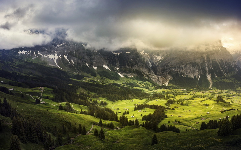 valley, Switzerland, landscape, clouds, nature, trees, mountains, 2K