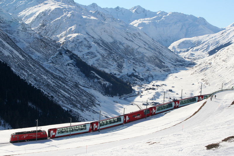 trains, 2K, Winter, hd, mountains, express, art, nature, glacier, snow