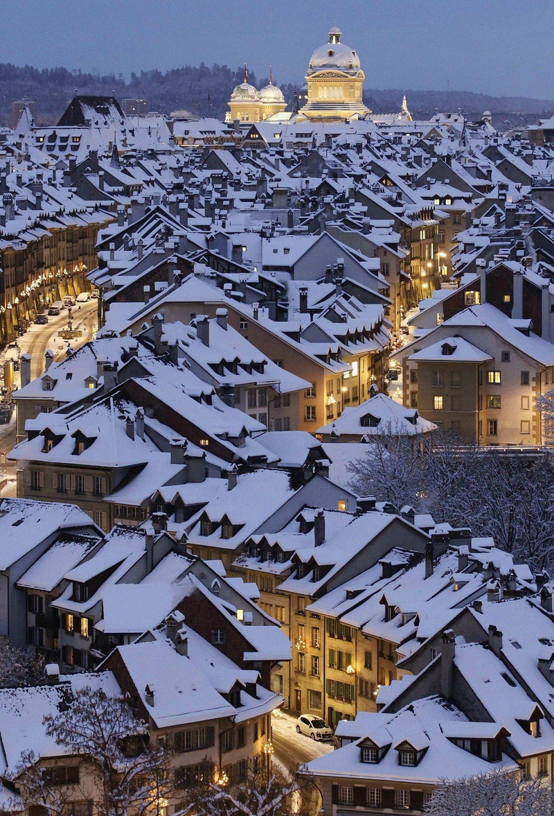 high angle view, apartment, tourism, 1080P, architecture, Switzerland, snowing, winter, town, city, snow, building exterior, no people, environment, roof