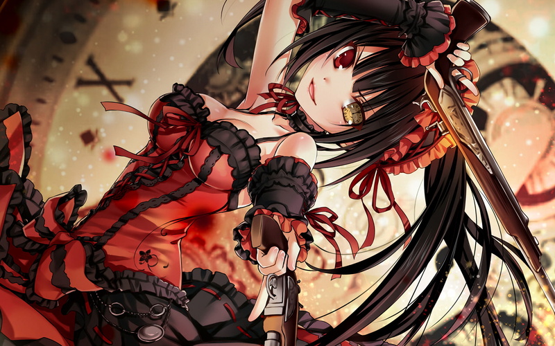 Date A Live, Pistol, 1080P, female, black, Long Hair, Dress, character, Kurumi Tokisaki, Anime, red, Black Hair, Girl, Heterochromia, haired