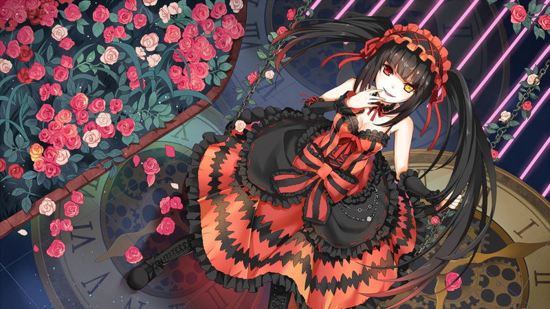 long hair, Tokisaki Kurumi, 4K, flowers, Date A Live, anime girls, dark hair, red dress