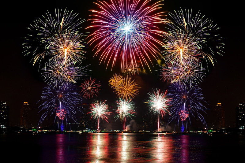 night, fireworks 4k  pc  hd, celebration, water, illuminated, sparks, reflection, light, motion, glowing, long exposure, event, waterfront, multi colored