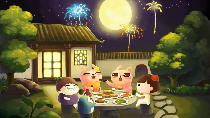 mid, 1080P, moon, cake, autumn, festival, reunion, happy, fireworks, mid-autumn festival, rabbit, cold, cold rabbit, moon cake