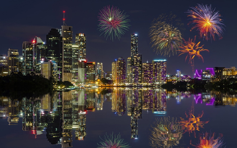 display, 1080P, night, buildings, skyscrapers, fireworks, reflection, lights, hd, cityscape