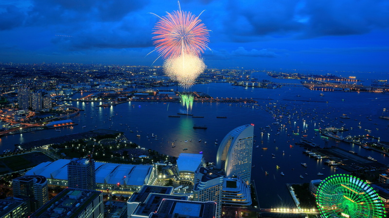 Houses, Fireworks, Bay, 4K, City, Yokohama, Lights, Japan, Night