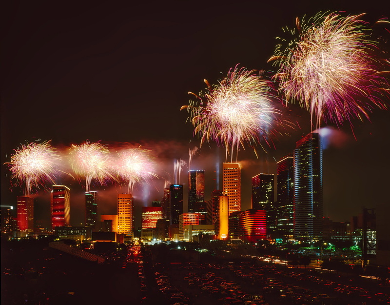 no people, tall - high, public domain, financial district, built structure, city, firework, Texas, urban Scene, holiday, outdoors, firework - Man Made Object