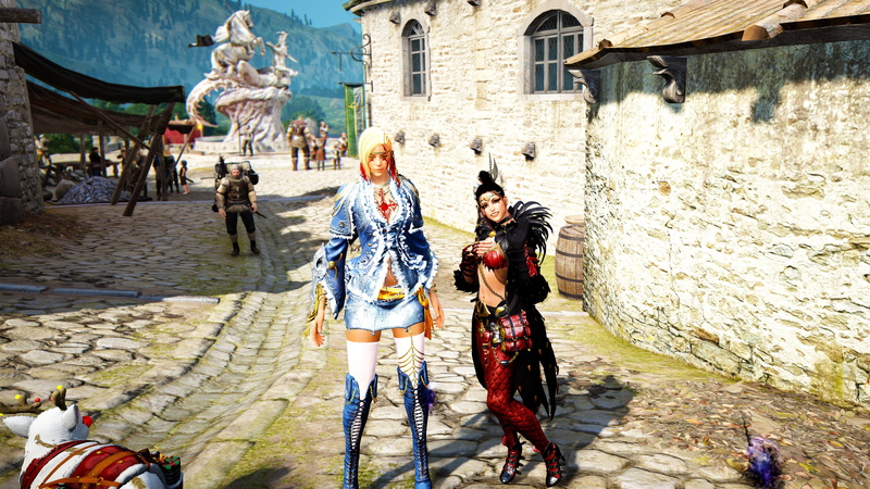full length, black desert online, group of people, footpath, game, cobblestone, screenshot, hairstyle, walking, incidental people, building exterior, play